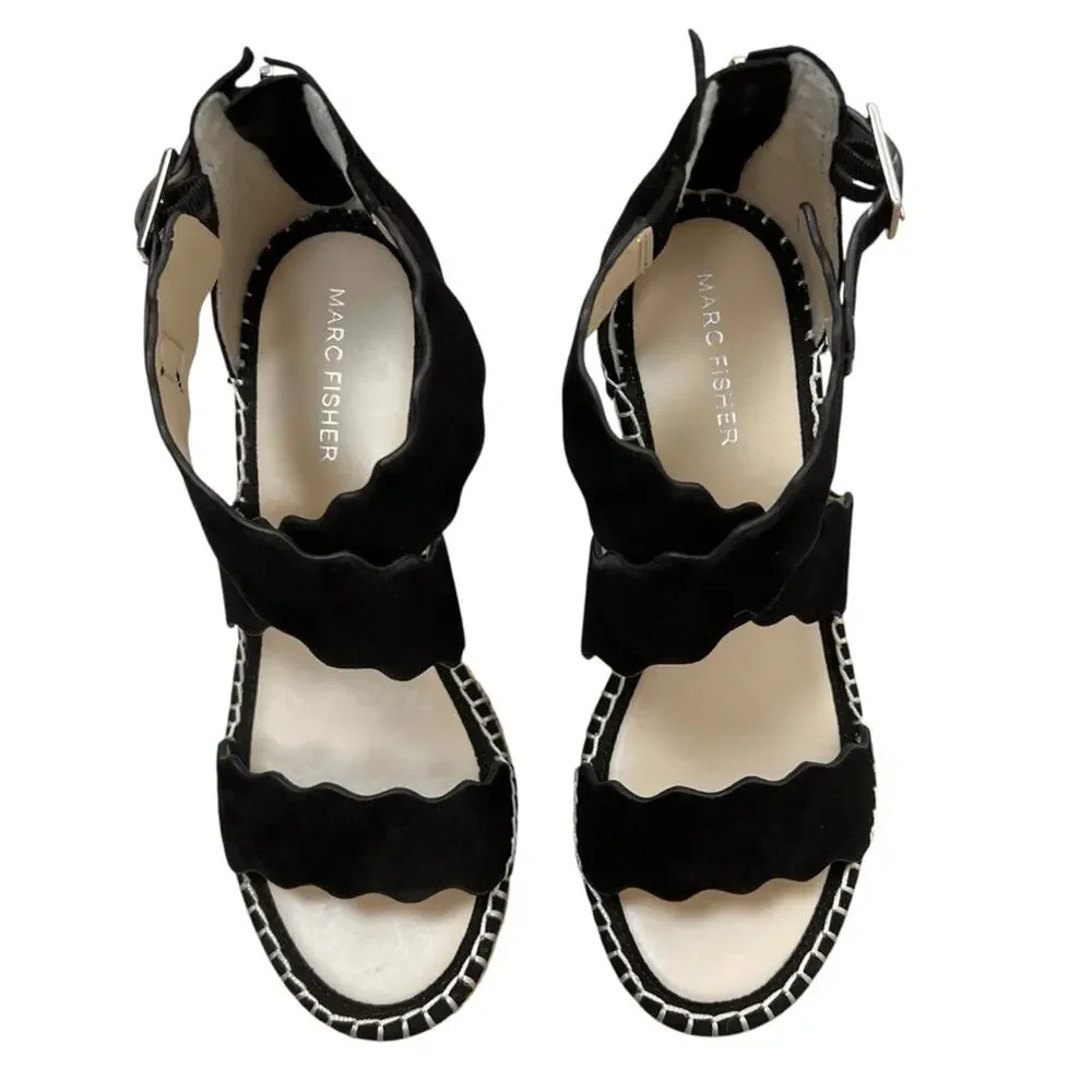 NEW Marc Fisher Calita Black Suede Platform Espadrille Wedge Sandals 7